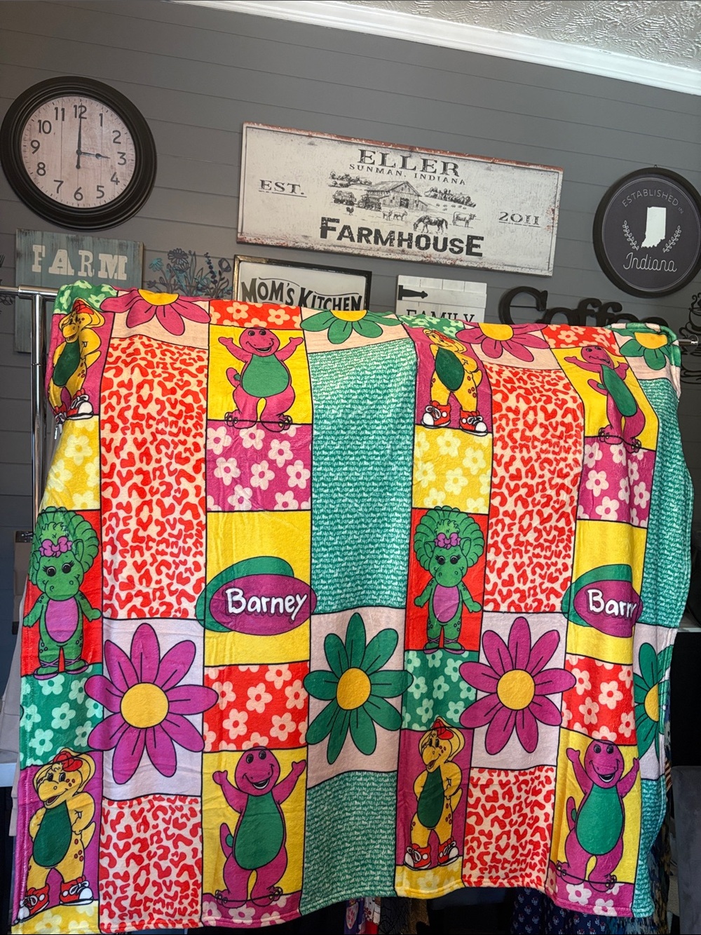 Barneys New York Bright Pink Yellow Green Multicolor Barney Plush Throw